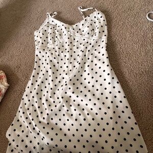 Polka Dot Satin Slip Dress - White with Black Dots